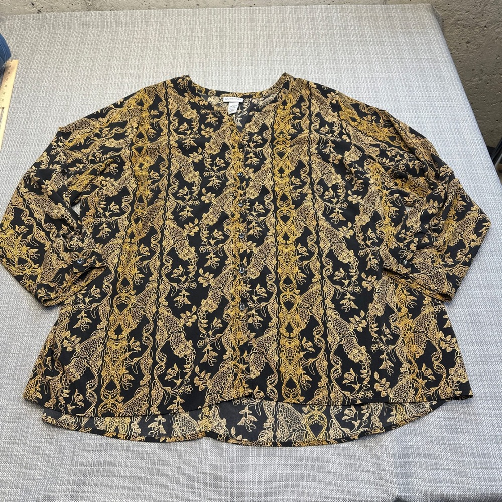 Catherines 3X 26/28W Tunic Top Black Gold Paisley Floral Print Boho‎ Lightweight